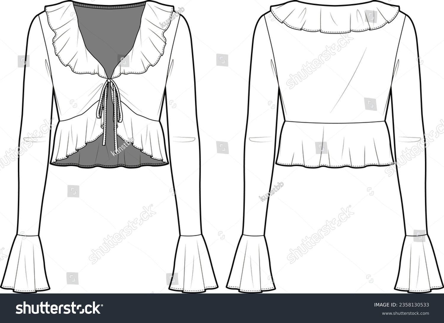 SVG of Technical Flat sketch of front tie ruffled blouse. Vector mock up. Deep V-neck top with circular flounce sleeves. Woman cropped top w. peplum, ribbon tie, frill trims. CAD, Template. svg