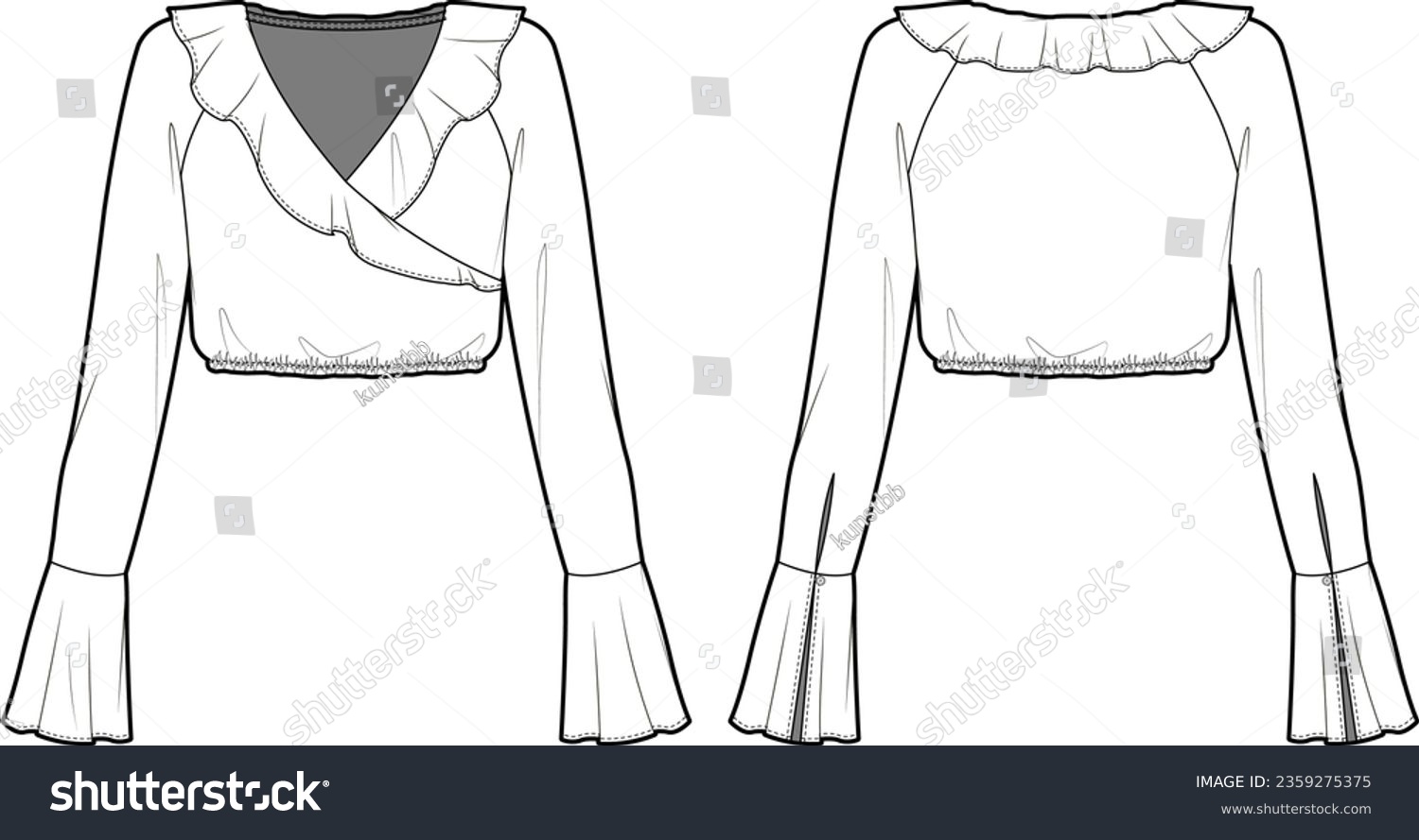 SVG of Technical Flat sketch of ruffled wrap blouse. Vector mock up Template. Ruffled neck cropped top with circular flounce sleeves. Woman Raglan sleeve w. frilled cuff detail. Long sleeve, slit, faux wrap. svg