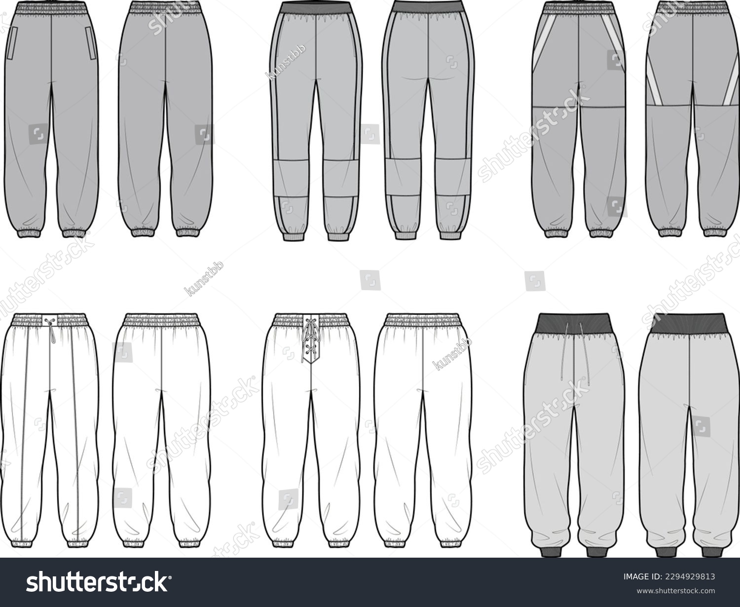SVG of Technical flat sketch set of loose fit jogger pants. Sport technical sweatpants with elasticated waist band and drawstring. Tracksuit pants. Sweatpants. Relaxed pull-on pants. Mock up vector template. svg