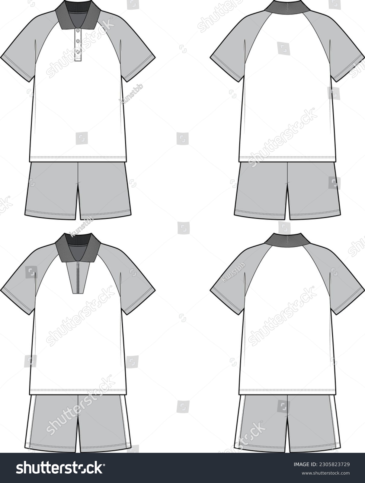 SVG of Technical sketch of unisex tracksuit set. Front and back sketch mock up. Collar sweatshirt with half placket and shorts. T-shirt, sweatpants. Training suit. Short sleeve tops, easy pull on bottoms. svg