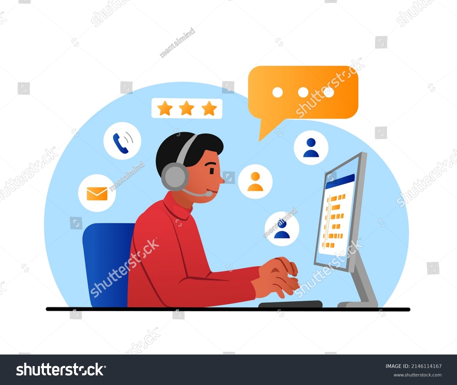 Technical Support Concept Man Headphones Communicates Stock Vector ...