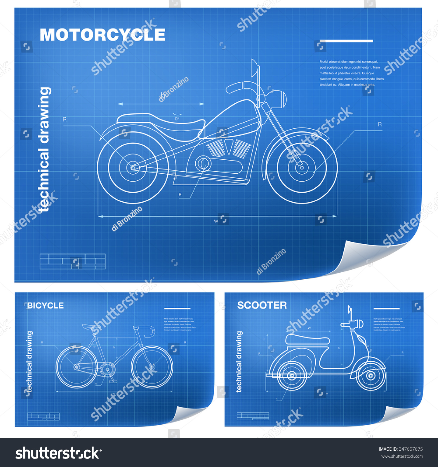 Technical Wireframe Illustrations Motorbike Bicycle Scooter Stock ...