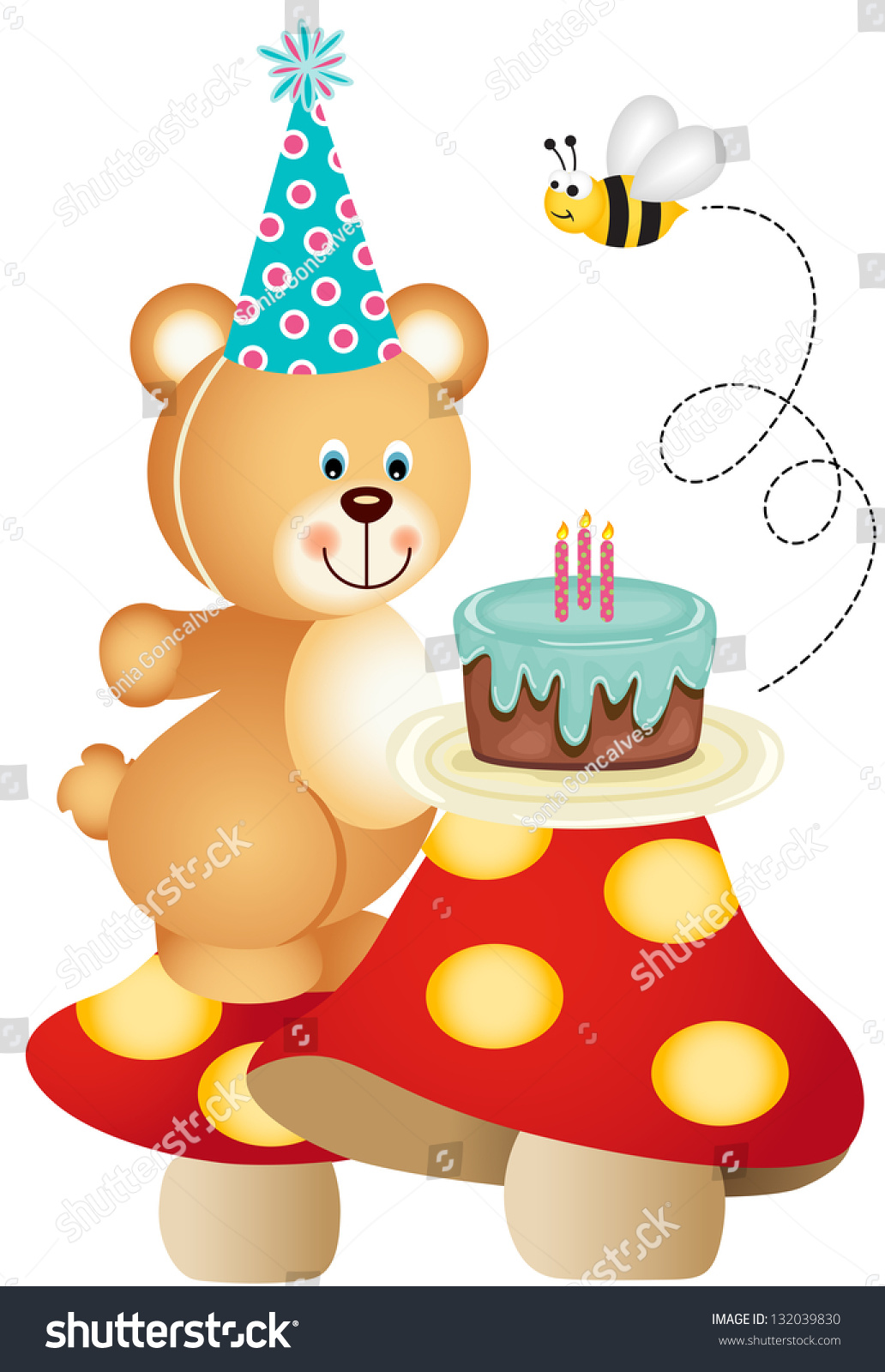 Teddy Bear Birthday Cake On Mushrooms Stock Vector Royalty Free