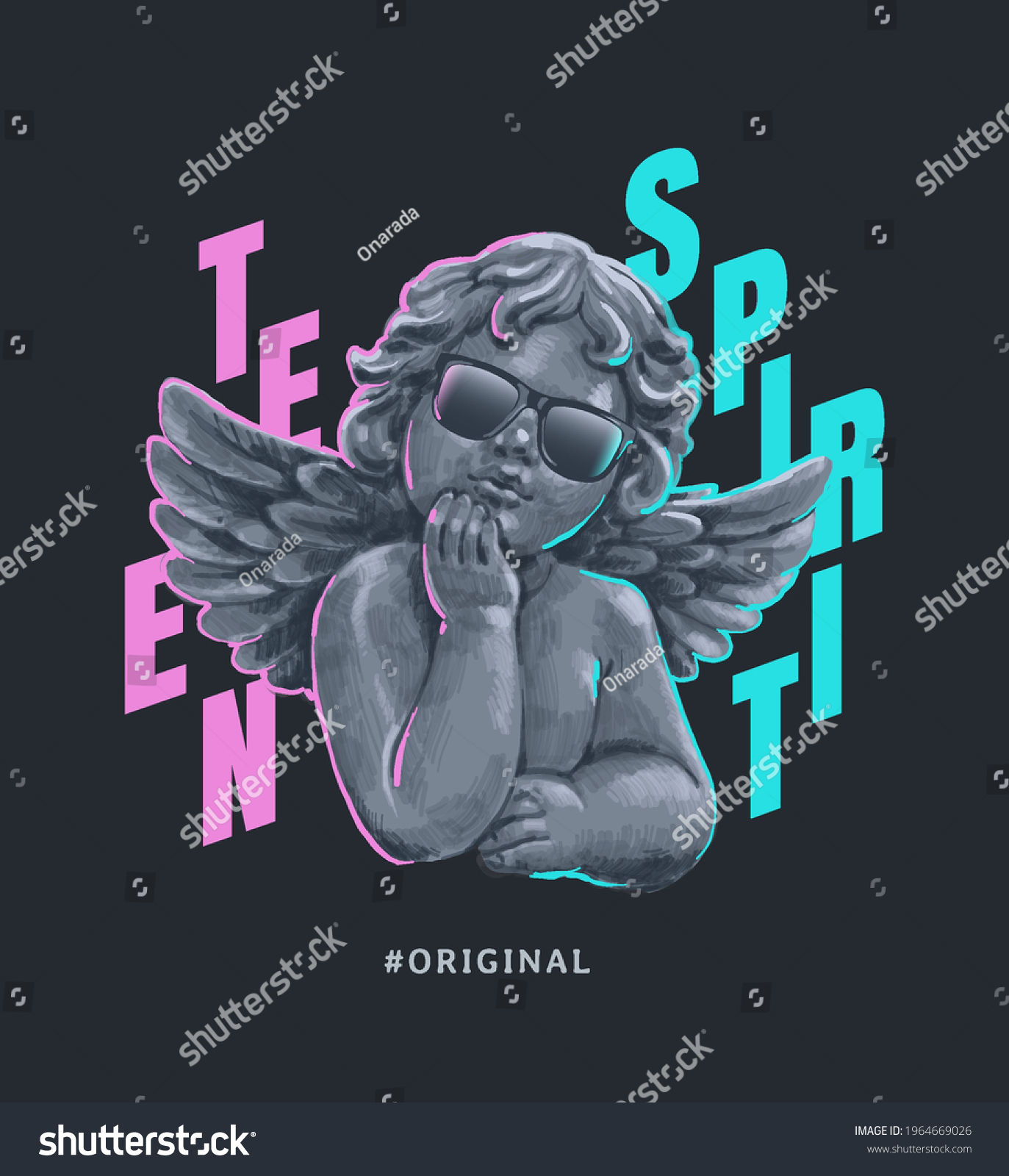 SVG of teen spirit slogan with antique baby angel in sunglasses,vector illustration for t-shirt. svg