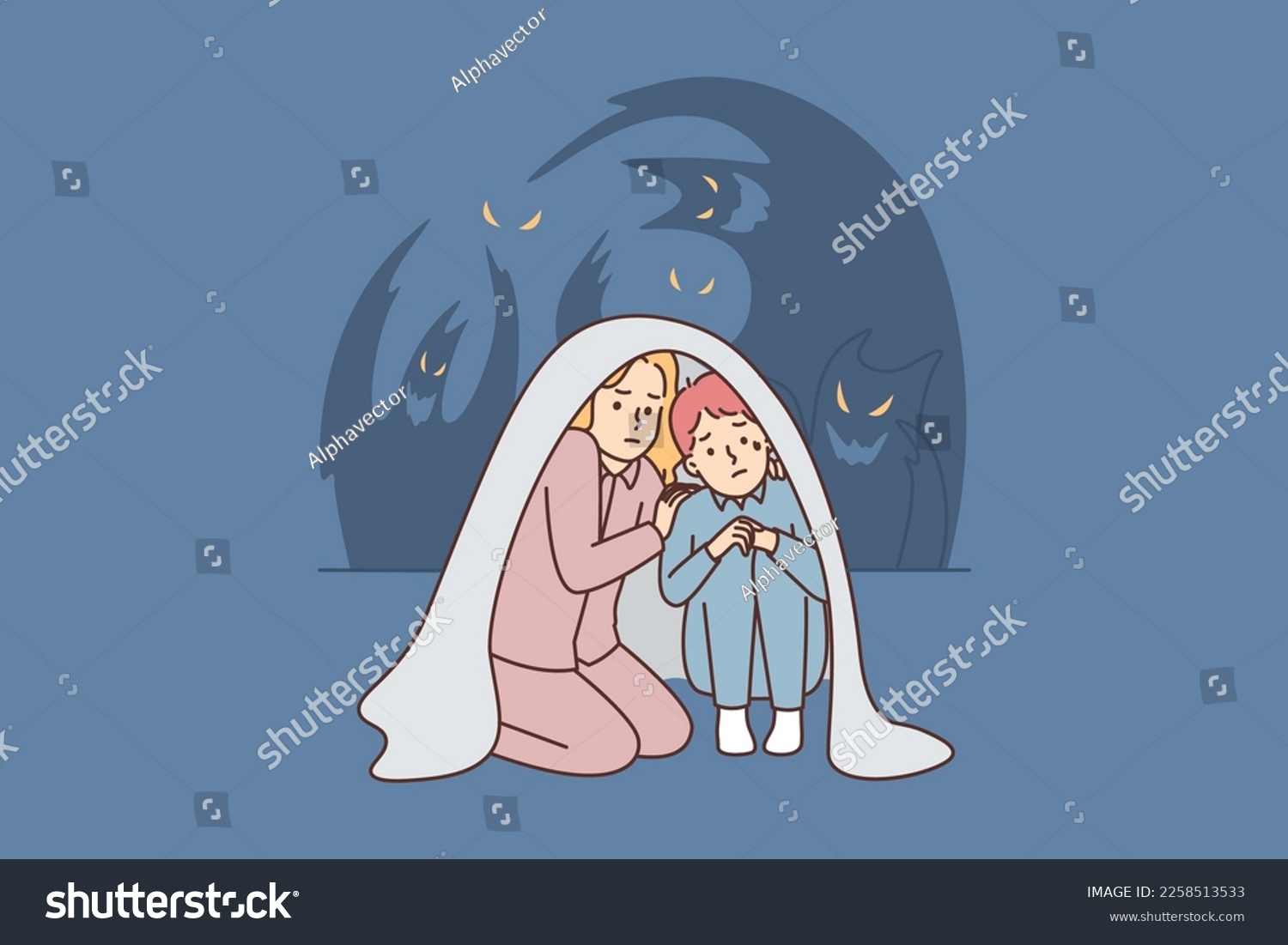 SVG of Teenage boy and girl sit wrapped in blanket scared of ghosts after watching scary movie or telling horror stories. Two children are afraid of dark and ghosts and need support of their parents  svg