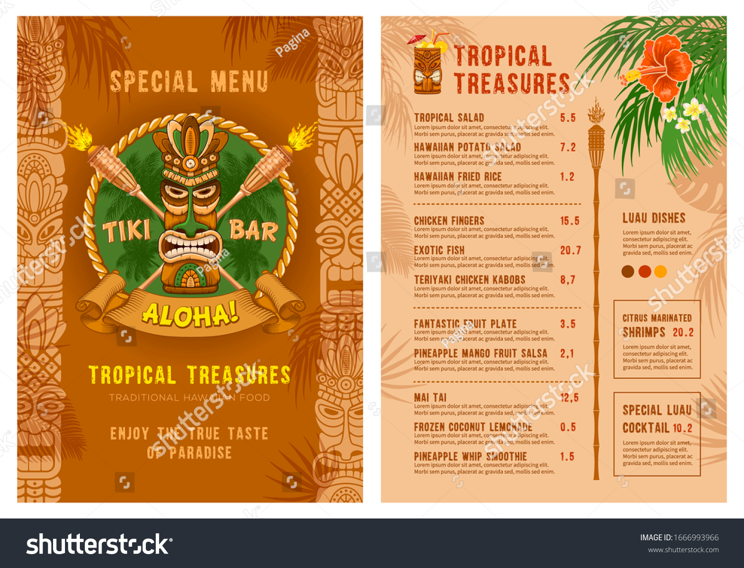 SVG of Template for menu of Tiki bar or club. Cover and back side. Drinks and food. Traditional Tiki mask, torches and tropical plants and flowers. Vector illustration. svg
