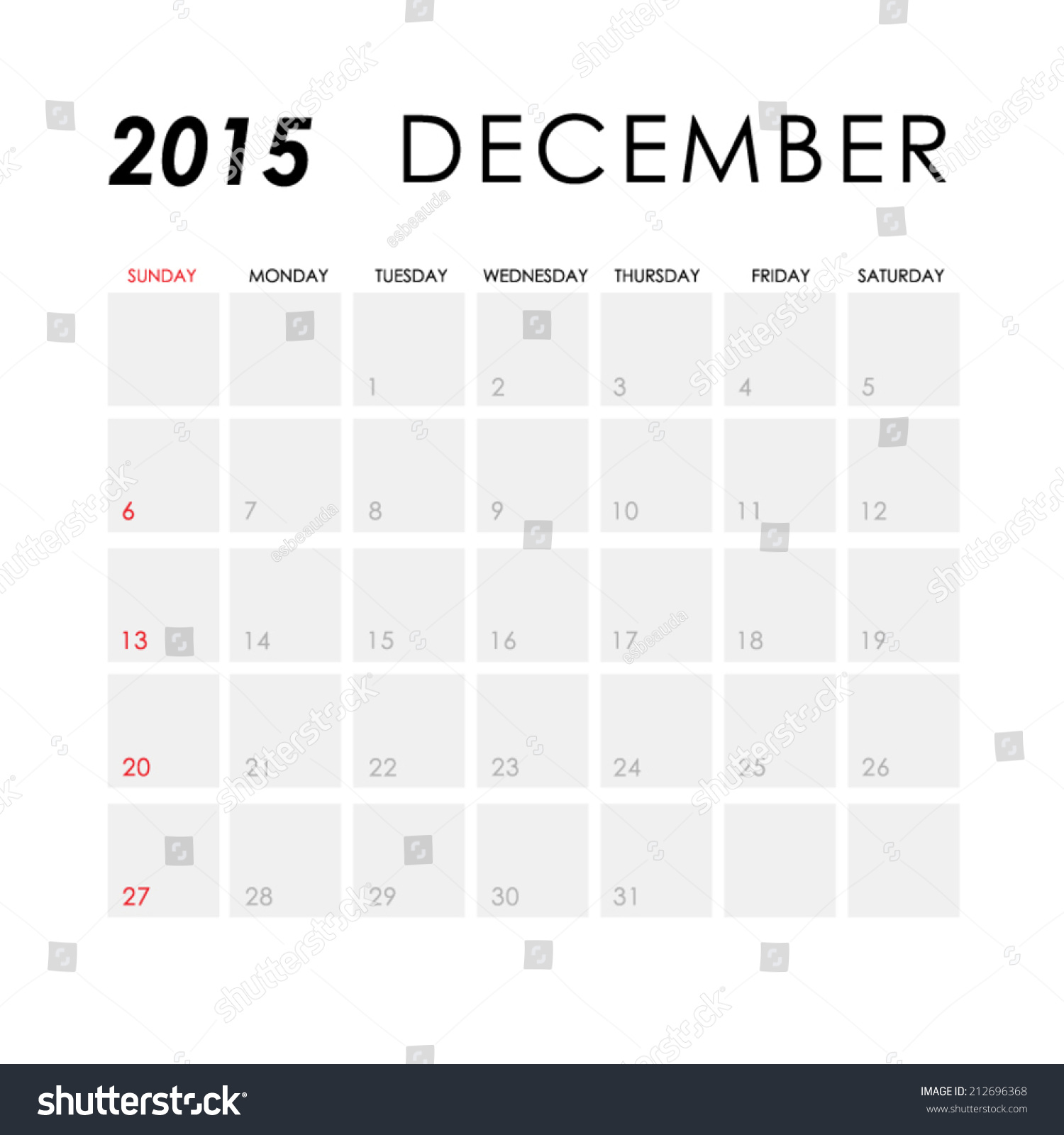 Template Calendar December 2015 Stock Vector (Royalty Free) 212696368