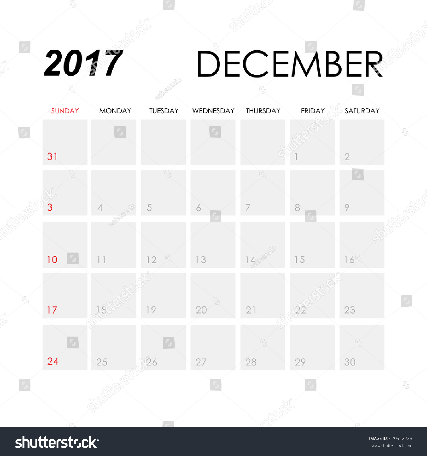 Template Calendar December 2017 Stock Vector 420912223 - Shutterstock