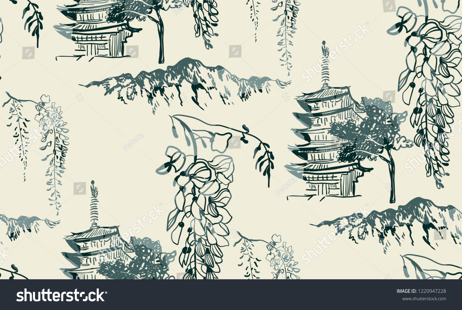 SVG of temple nature landscape view vector sketch illustration japanese chinese oriental line art seamless pattern svg