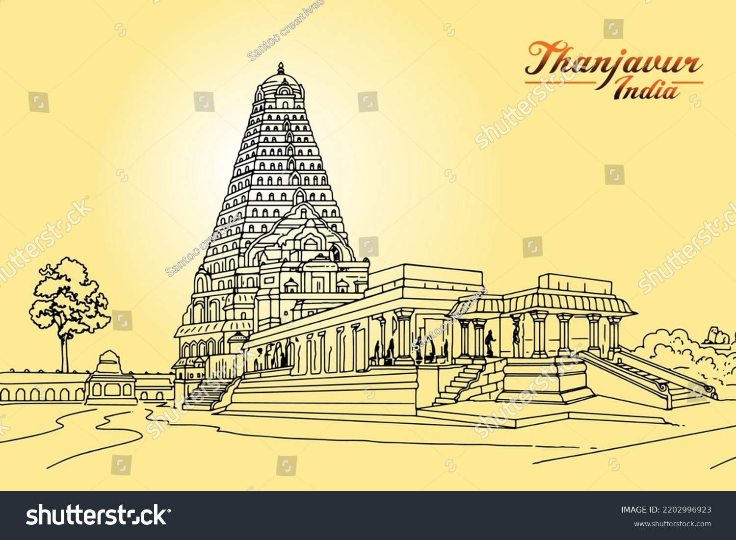 SVG of Temple of Tanjore is by far the grandest Chola temple in India vector illustration hand drawing South India svg