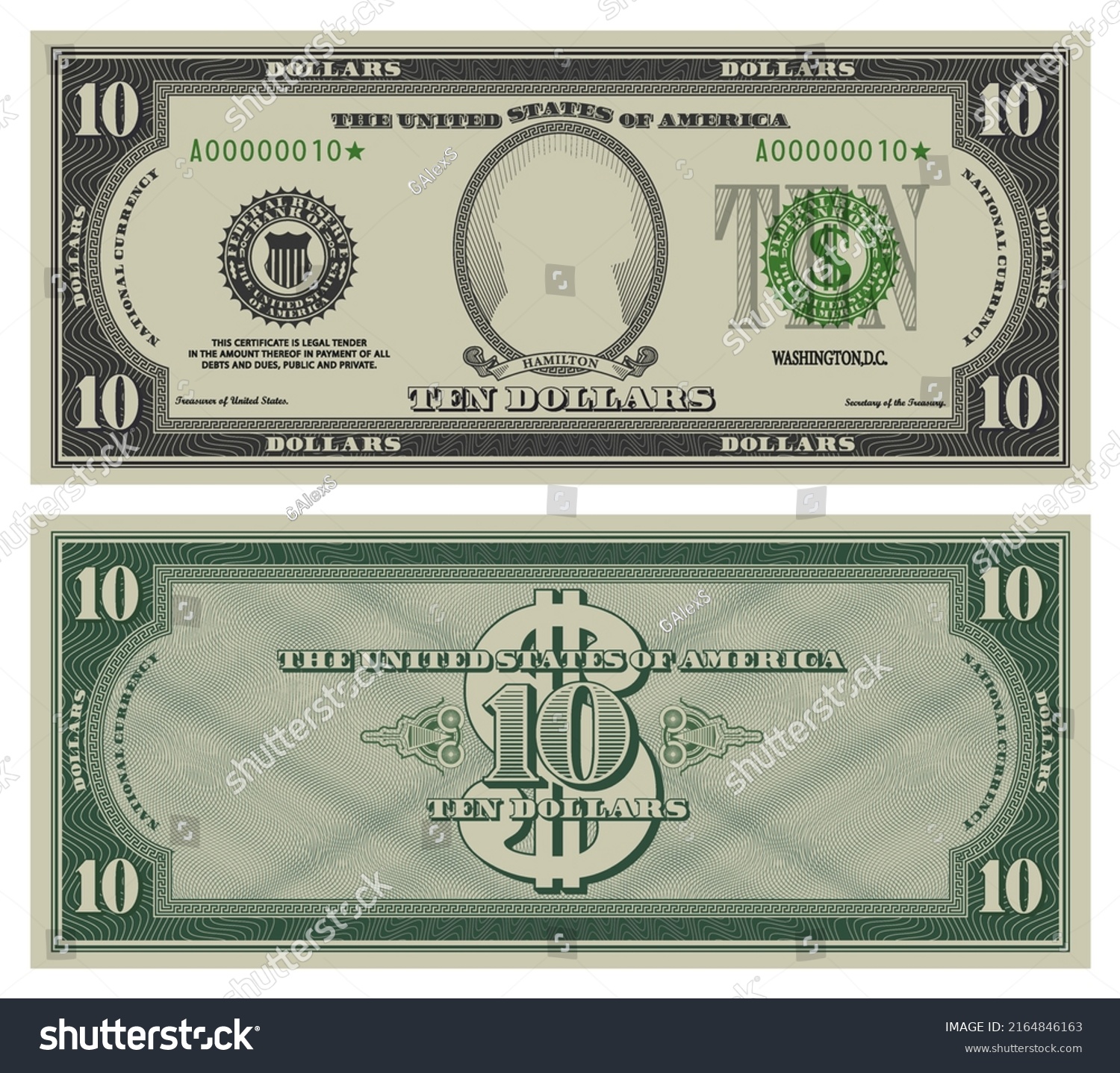 Ten Dollars Banknote Gray Obverse Green Stock Vector (Royalty Free ...