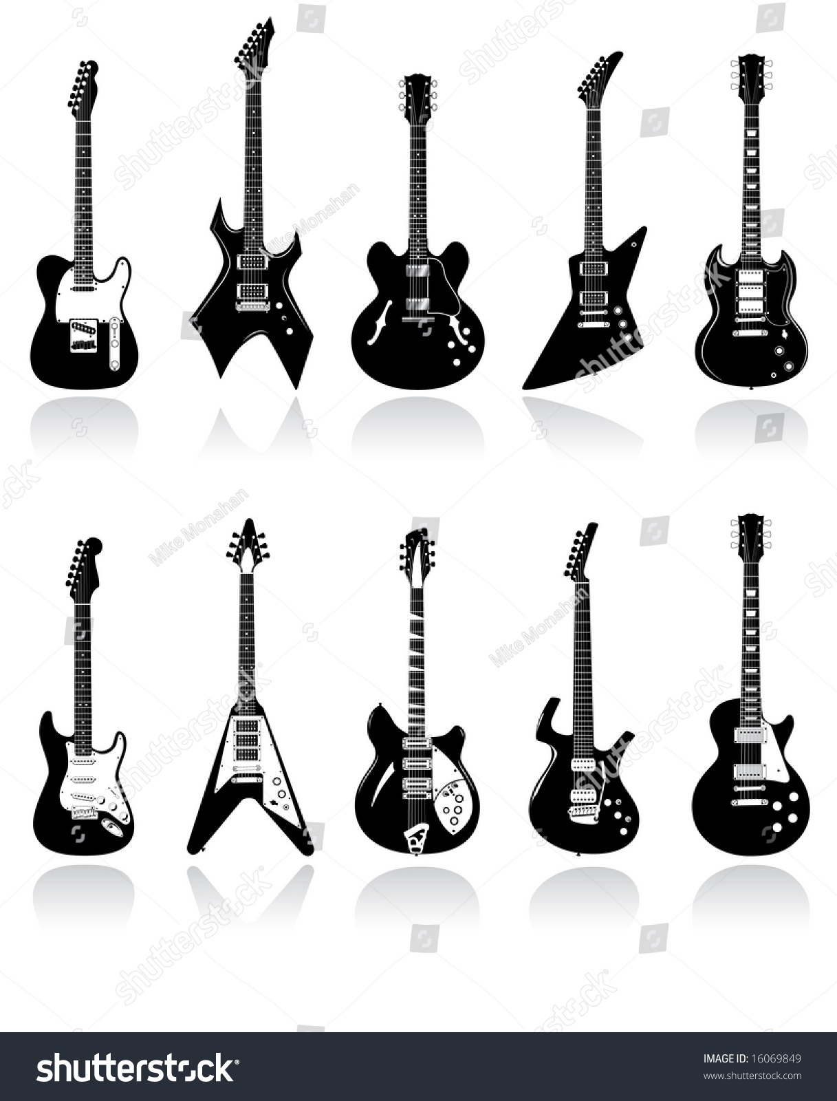 Ten Precisely Drawn Guitars With Reflections Stock Vector Illustration ...