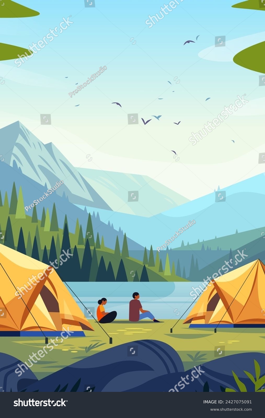 SVG of tent camp with campers sitting at river bank tourists couple resting outdoors summer landscape with people at campsite vertical svg