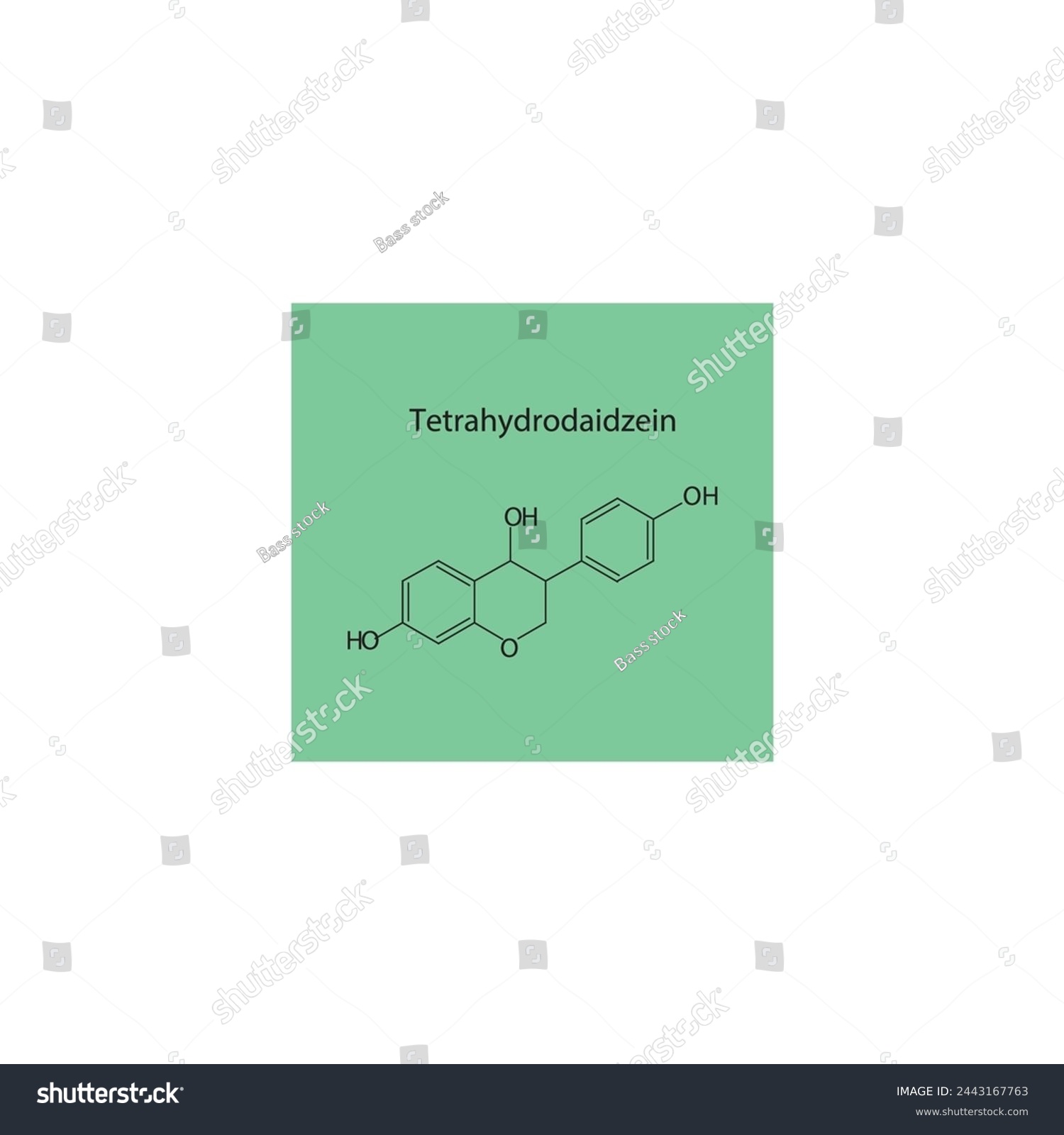 SVG of Tetrahydrodaidzein skeletal structure diagram.Isoflavanone compound molecule scientific illustration on green background. svg