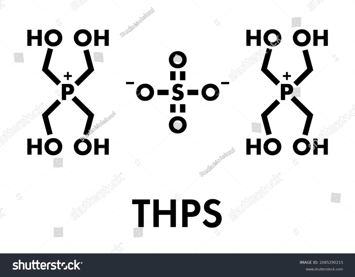 SVG of tetrakis(hydroxymethyl)phosphonium sulfate (THPS) biocide molecule. Skeletal formula. svg
