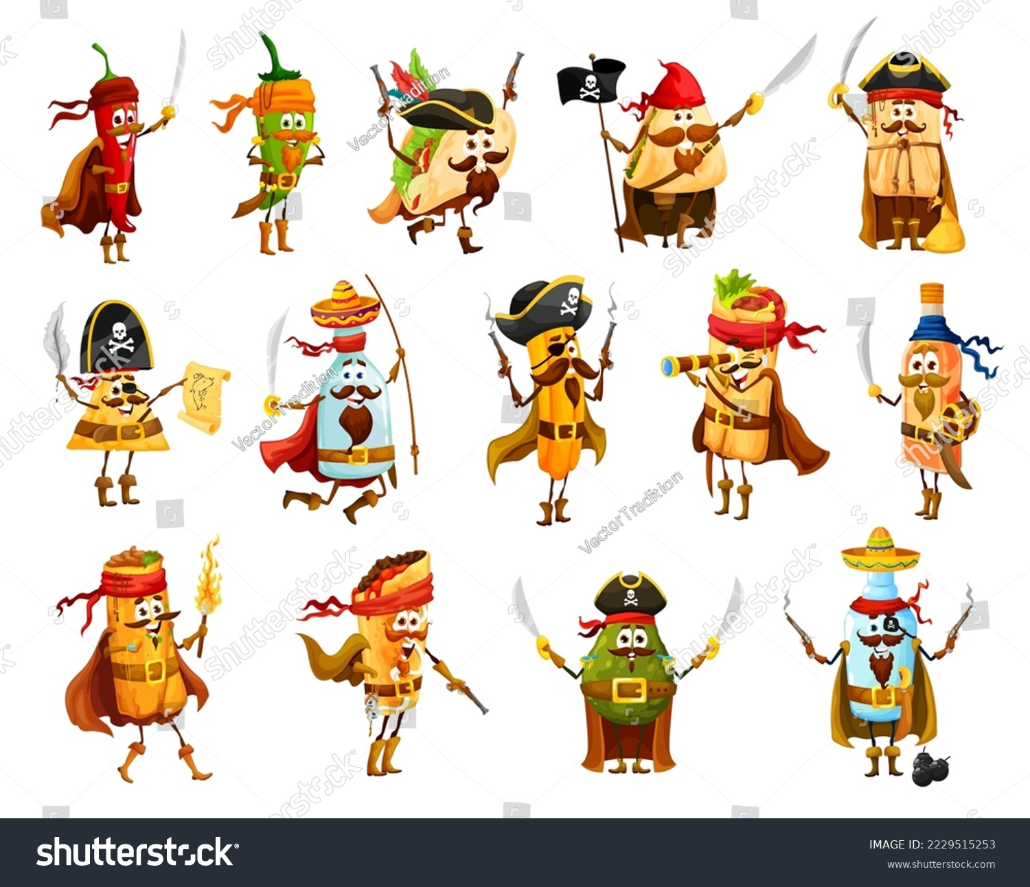 SVG of Tex mex mexican food pirates and corsairs funny characters. Vector jalapeno, tacos, nachos and burrito, tamale, pulque, tequila, avocado and churro with chimichanga or mezcal filibuster personages svg