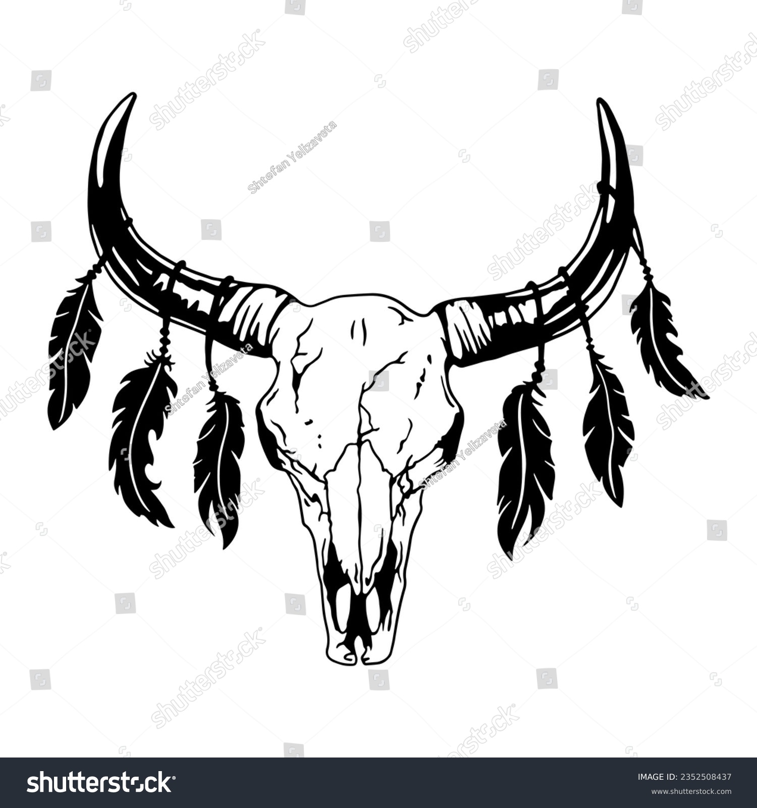 SVG of Texas bull black and white vector illustration. Bull skull with feathers, clipart. Silhouette Texas Longhorn. Bull Head Logo Icon. svg