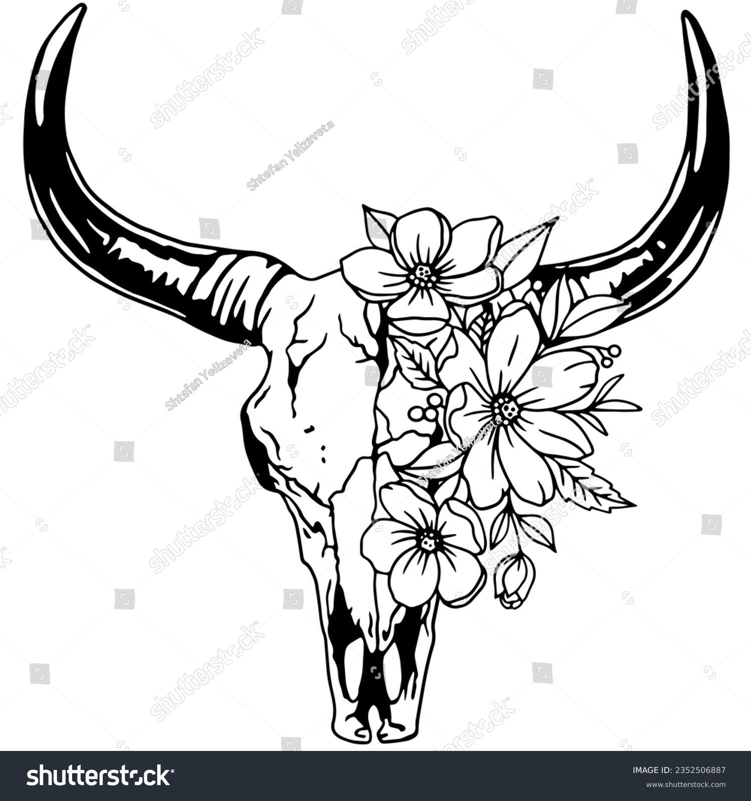 SVG of Texas bull black and white vector illustration. Bull skull with flowers, clipart. Silhouette Texas Longhorn. Bull Head Logo Icon. svg