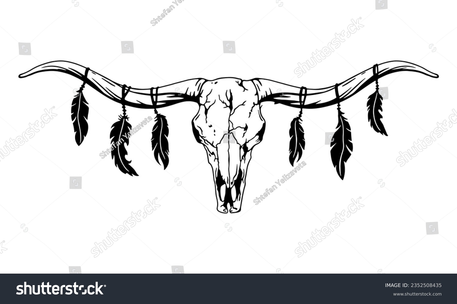 SVG of Texas longhorn black and white vector illustration. Longhorn skull with feathers, clipart. Silhouette Texas Longhorn. Bull Head Logo Icon. svg