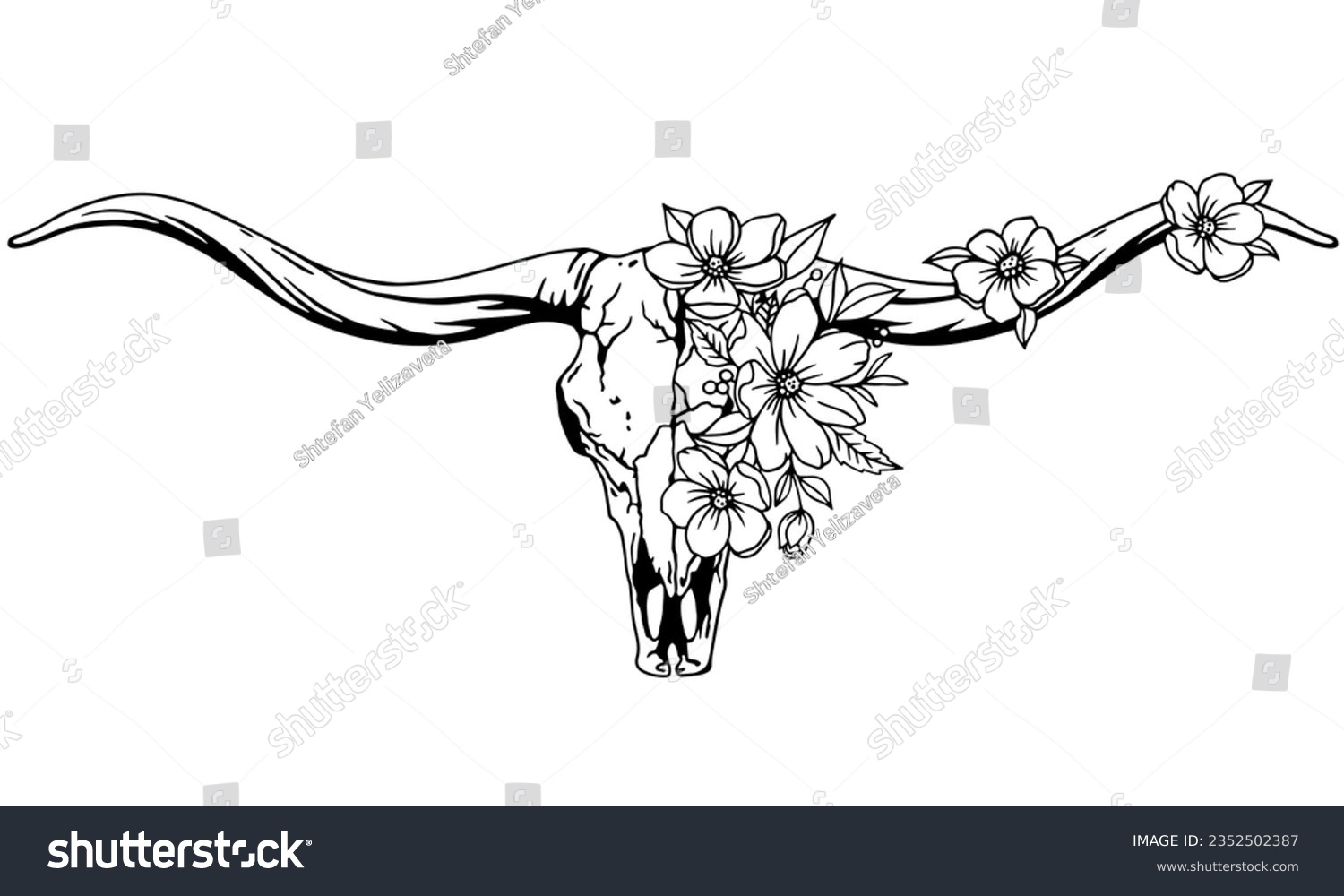 SVG of Texas longhorn black and white vector illustration. Longhorn skull with flowers, clipart. Silhouette Texas Longhorn. Bull Head Logo Icon. svg