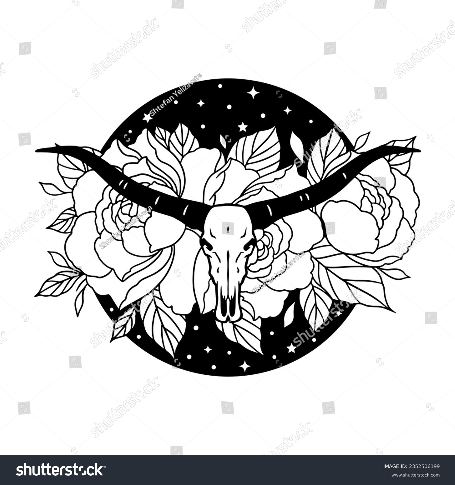 SVG of Texas longhorn black and white vector illustration. Longhorn skull with flowers, clipart. Silhouette Texas Longhorn. Bull Head Logo Icon. Hand drawn svg