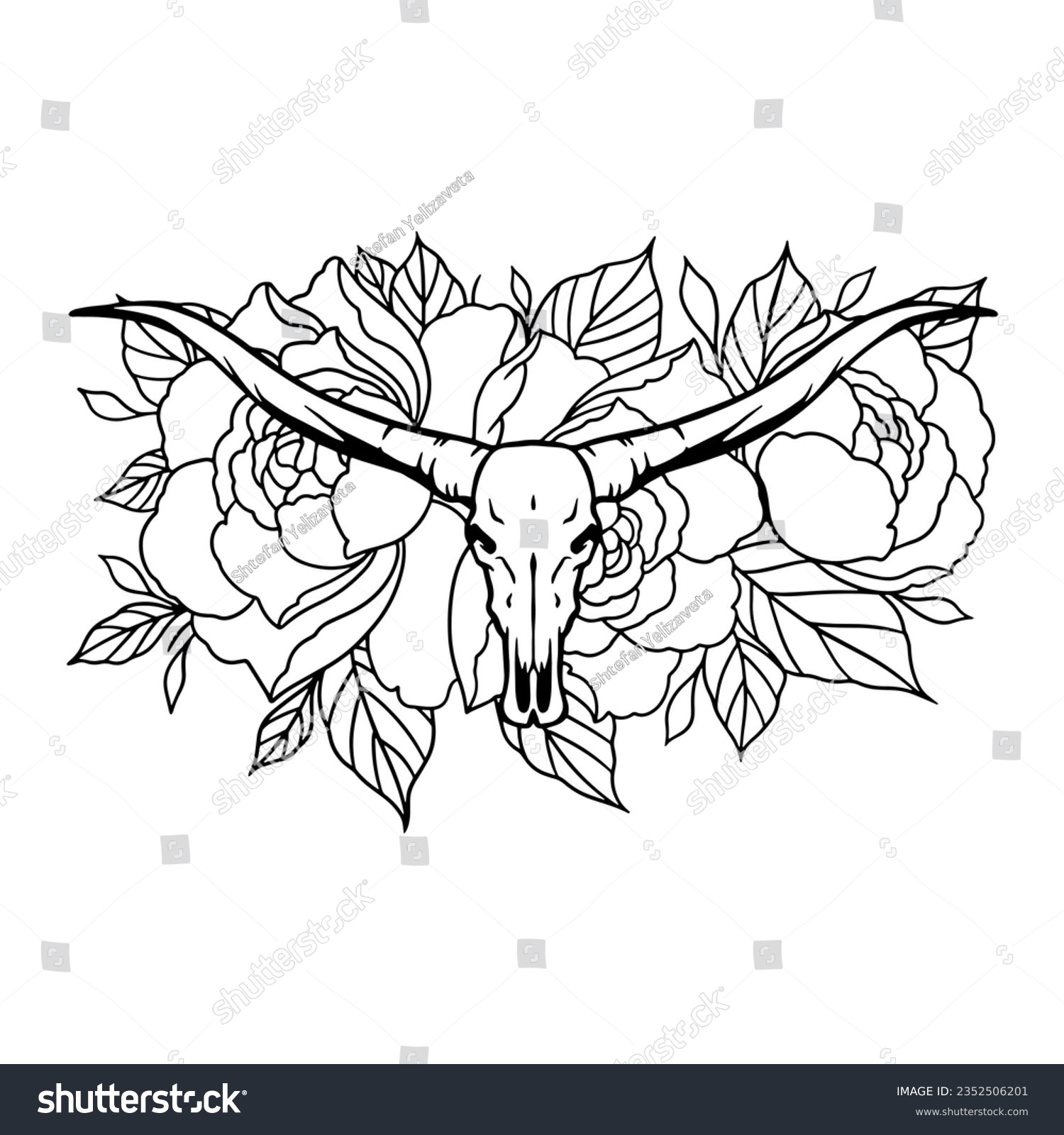 SVG of Texas longhorn black and white vector illustration. Longhorn skull with flowers, clipart. Silhouette Texas Longhorn. Bull Head Logo Icon. Hand drawn svg