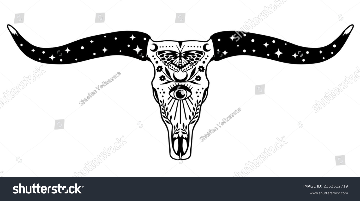 SVG of Texas Longhorn, Country Western boho magic Bull Cattle Vintage Label Logo Design. Vector hand drawing of the head of a bull skull on a white background. svg