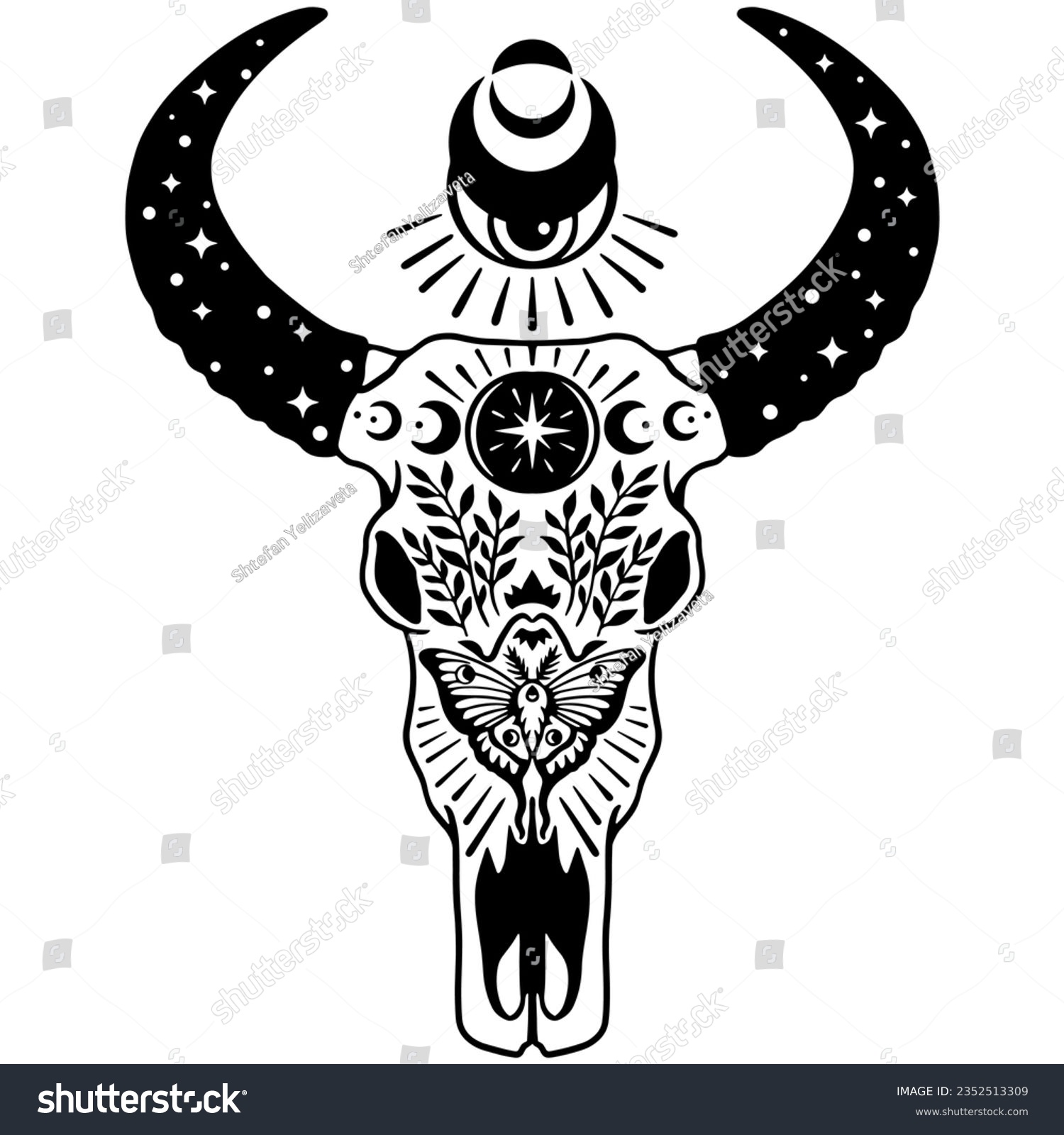 SVG of Texas Longhorn, Country Western boho magic Bull Cattle Vintage Label Logo Design. Vector hand drawing of the head of a bull skull on a white background. Hand drawing svg