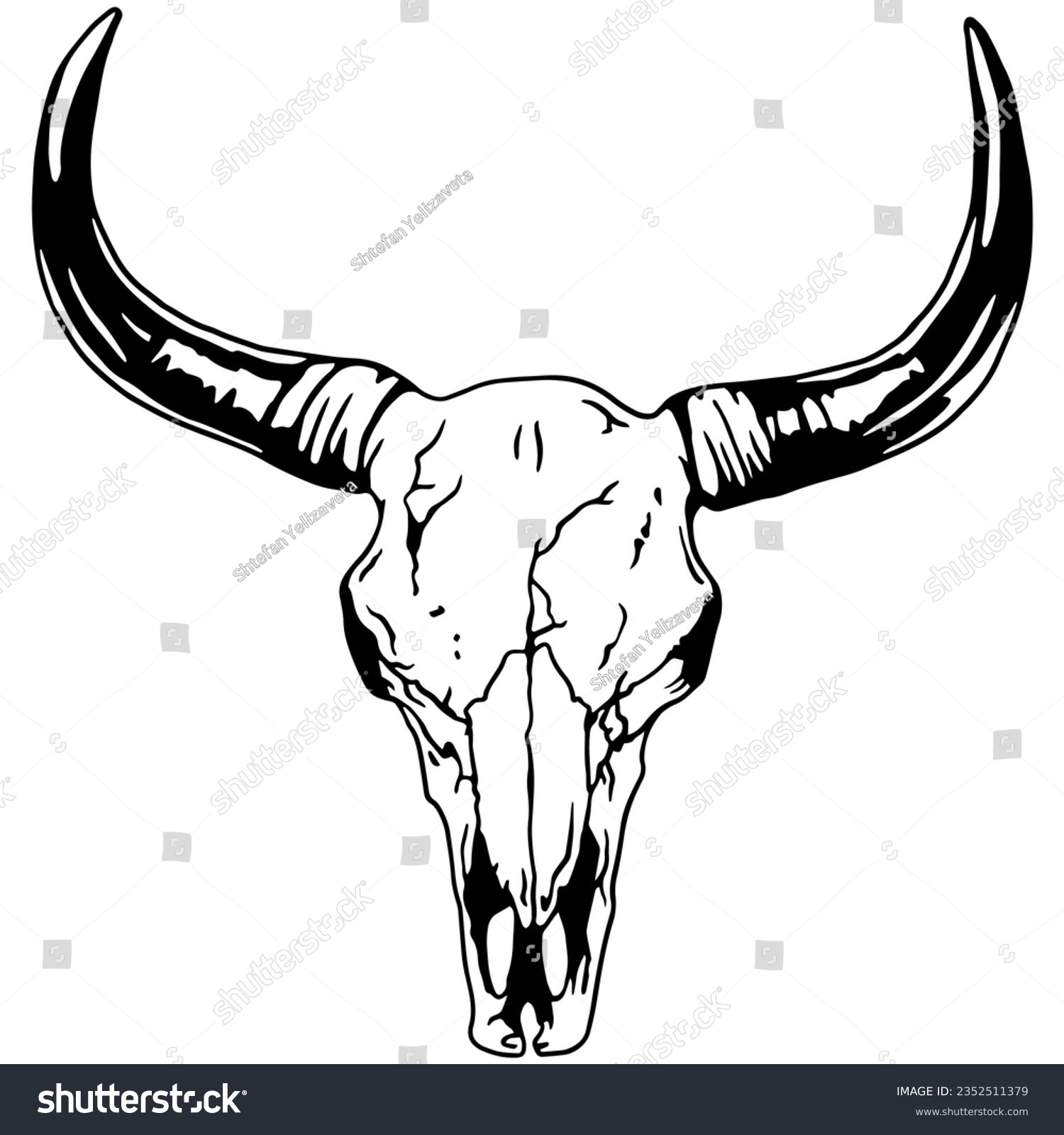 SVG of Texas Longhorn, Country Western Bull Cattle Vintage Label Logo Design. Vector hand drawing of the head of a bull skull on a white background. svg