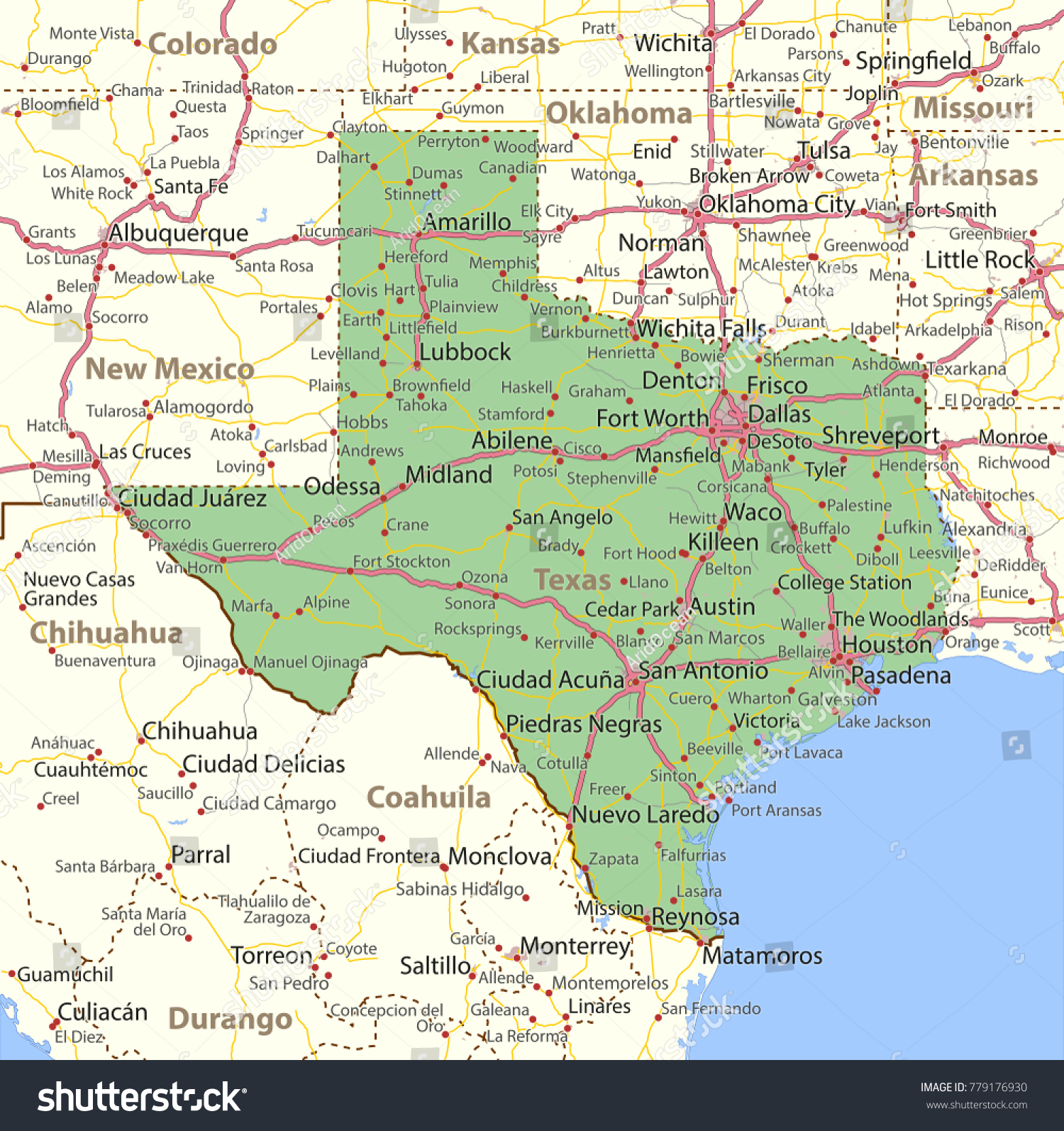 Texas Map Shows State Borders Urban Stock Vector Royalty Free