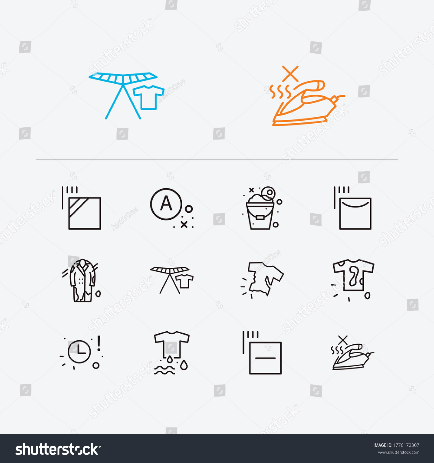 SVG of Textile icons set. No steam and textile icons with dirty t-shirt, wet clothes and collapsible clothes-horse. Set of iron for web app logo UI design. svg