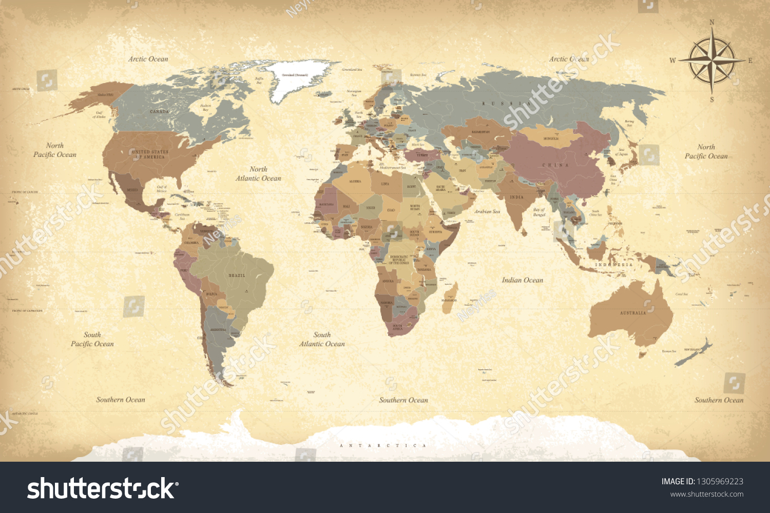 SVG of Textured vintage world map . Vector. English/US language svg