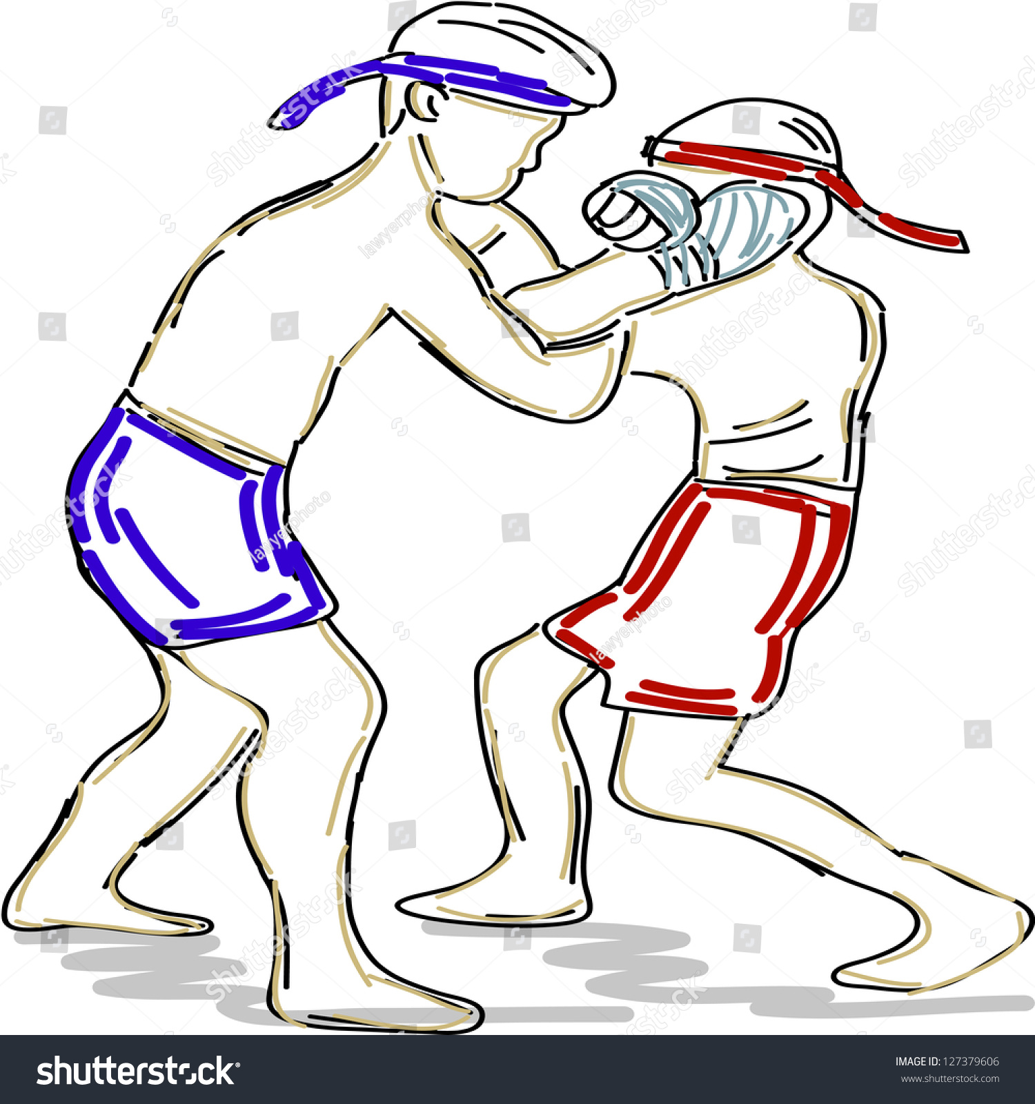 thai boxers fighting, line art, colorful shorts clip art preview