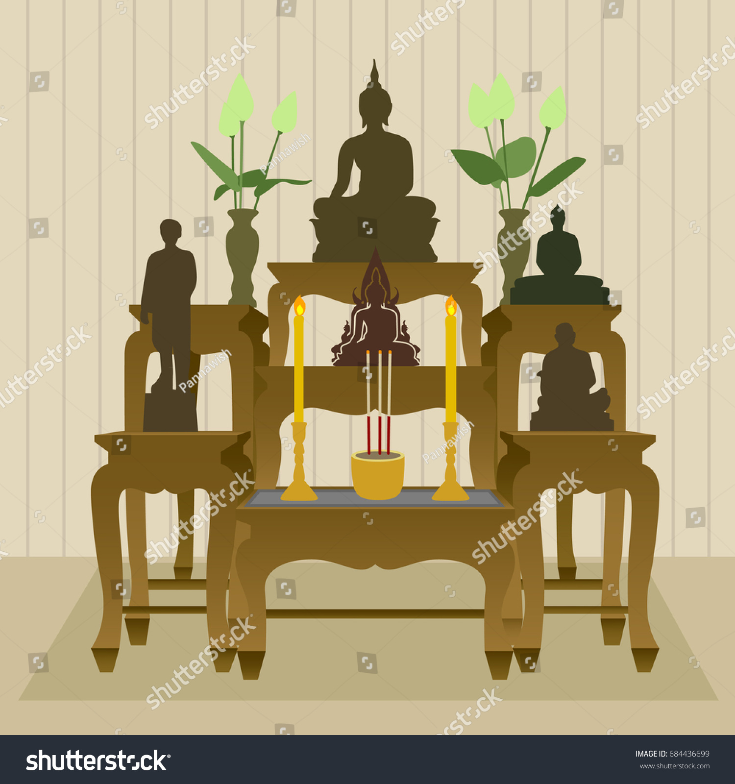 Thai Buddhist Altar Table Set Stock Vector Royalty Free 684436699