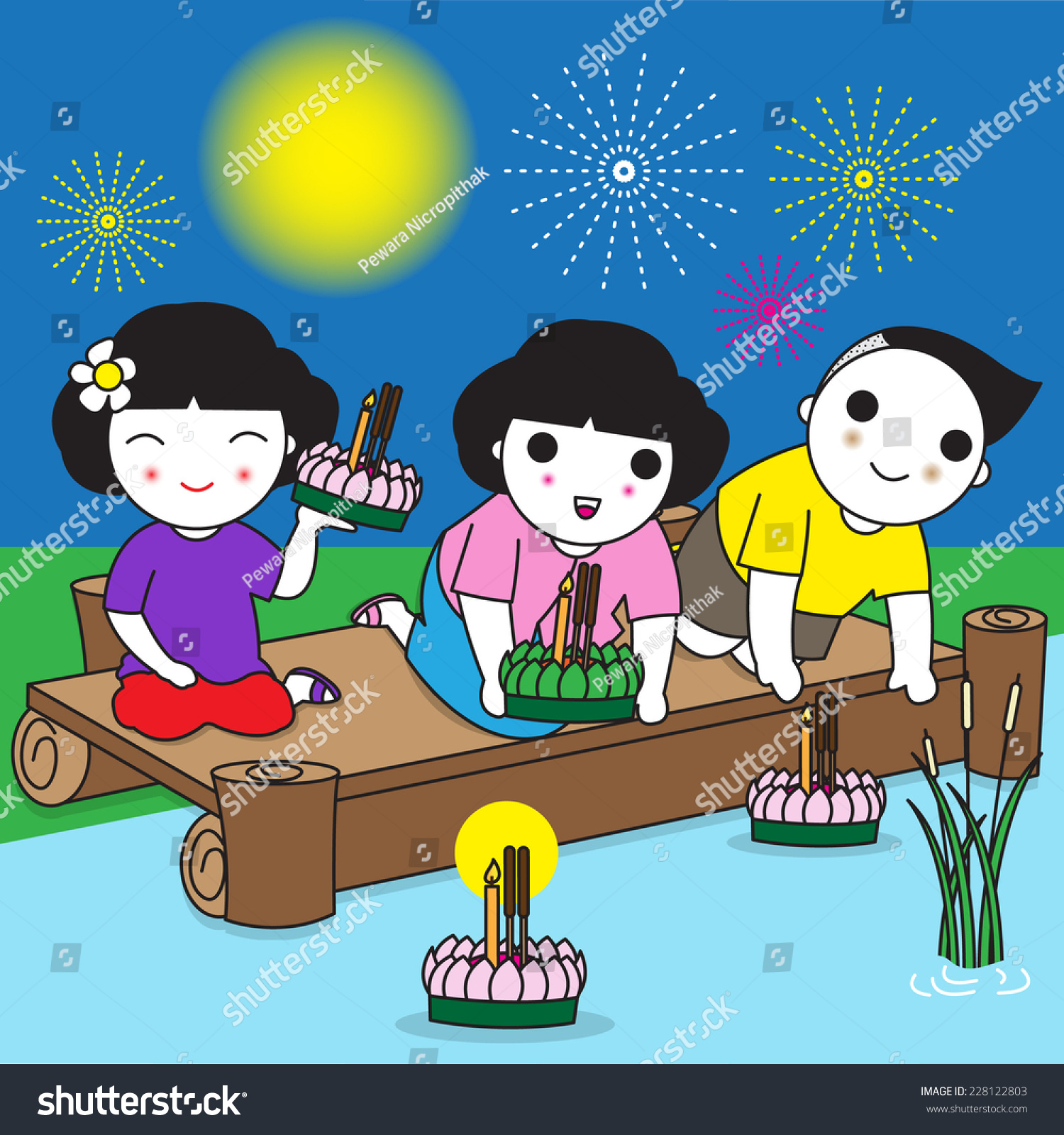 Thai Loy Krathong Festival Characters Illustration Stock Vector