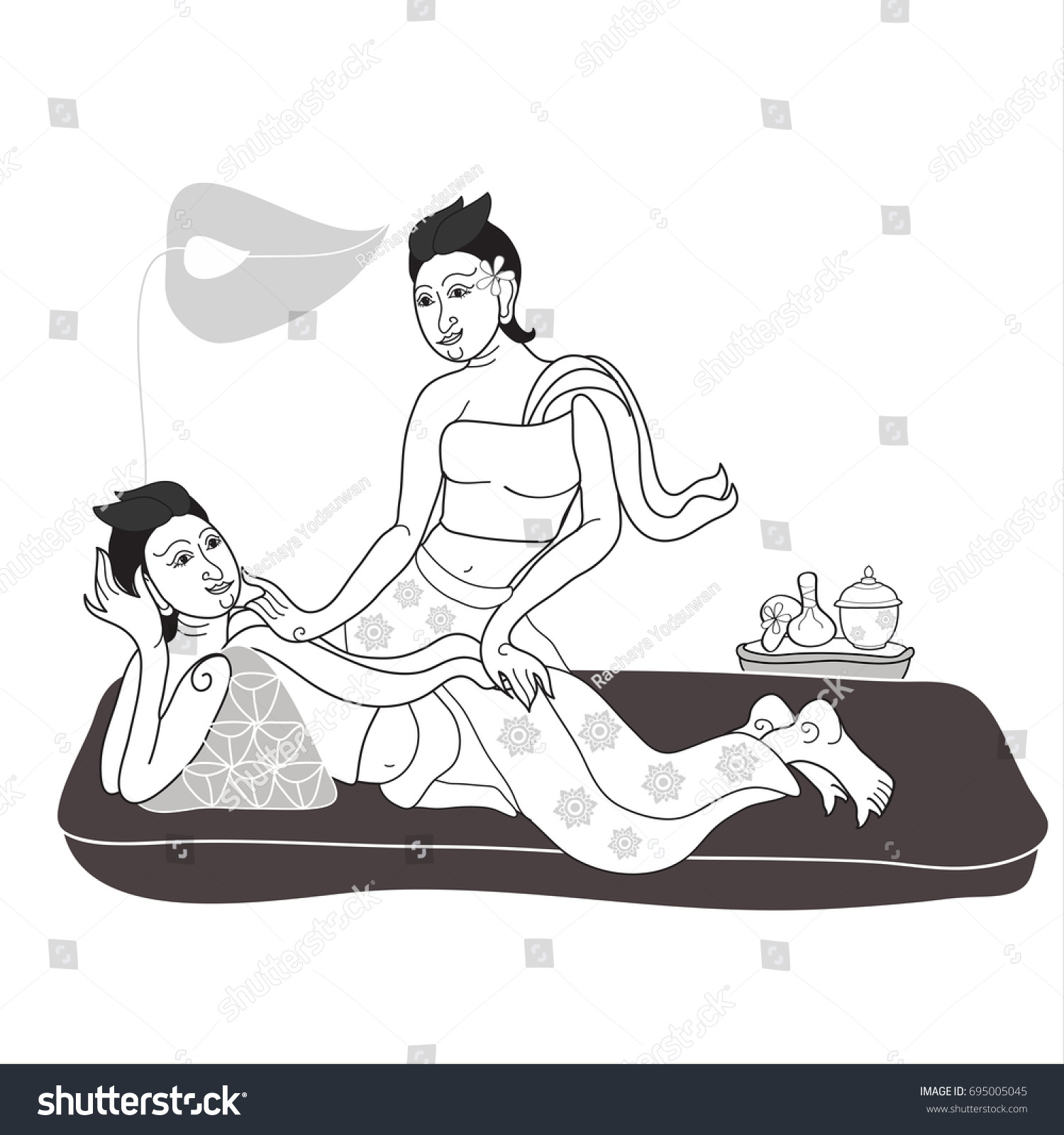 Thai Massages Style Hand Drawn Illustration เวกเตอร์สต็อก ปลอดค่าลิขสิทธิ์ 695005045 