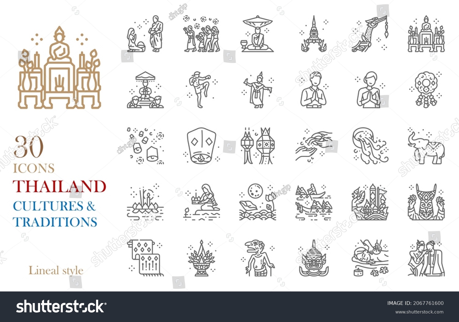 SVG of Thailand line icon set vector illustration in cultures,traditions,arts and charming lifestyle concept.Included Loi Krathong festival,monk ordination,buddhist day,Songkran festival,massage. svg