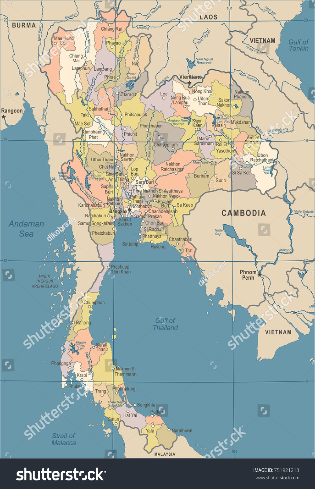 Thailand Map Vintage Detailed Vector Illustration Stock Vector (Royalty ...