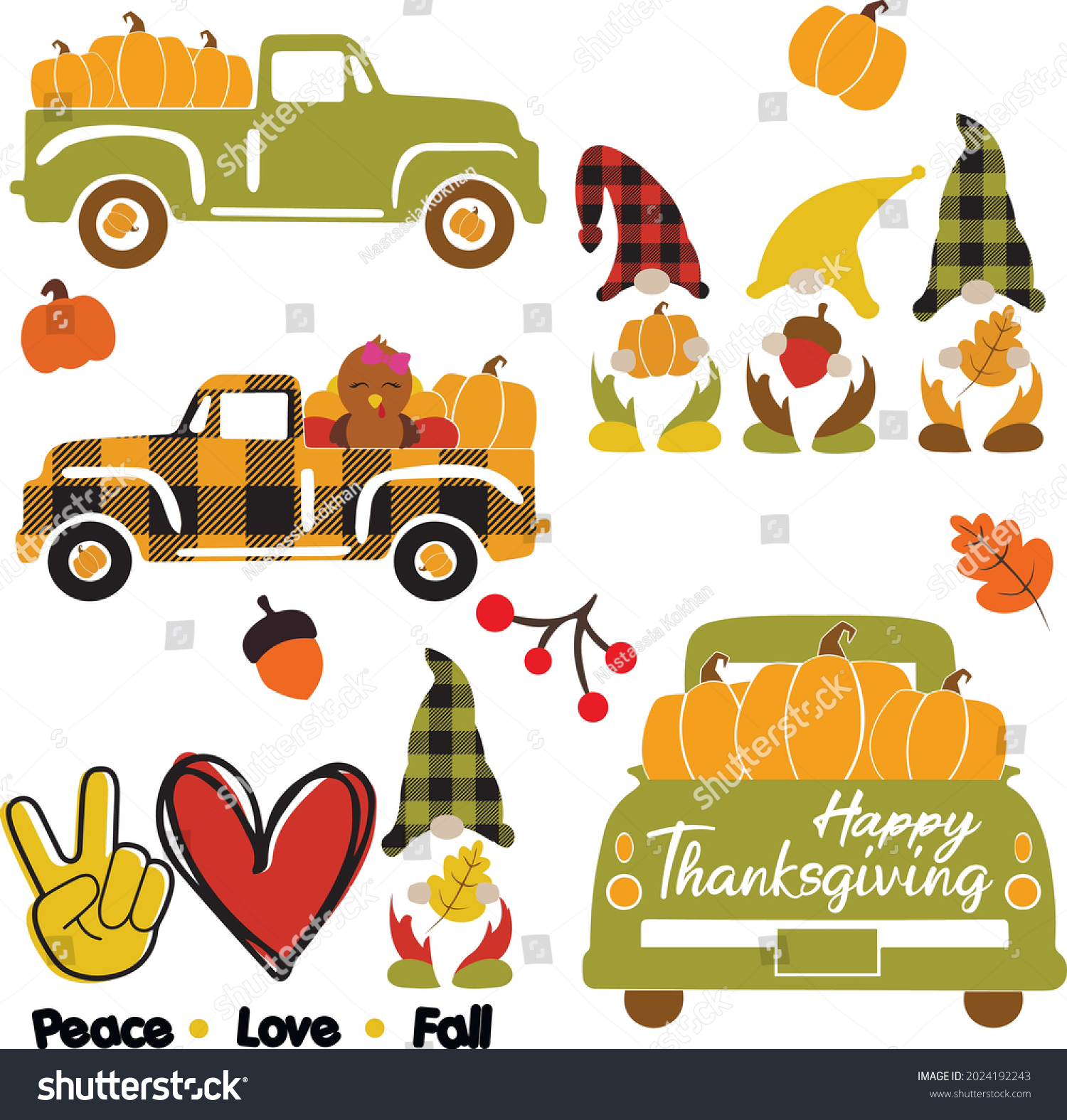 SVG of Thaksgiving bundle svg vector Illustration isolated on white background. Fall truck with pumpkin. Autumn gnomes with fall elements. Peace love fall shirt design. Happy thanksgiving decoration.  svg