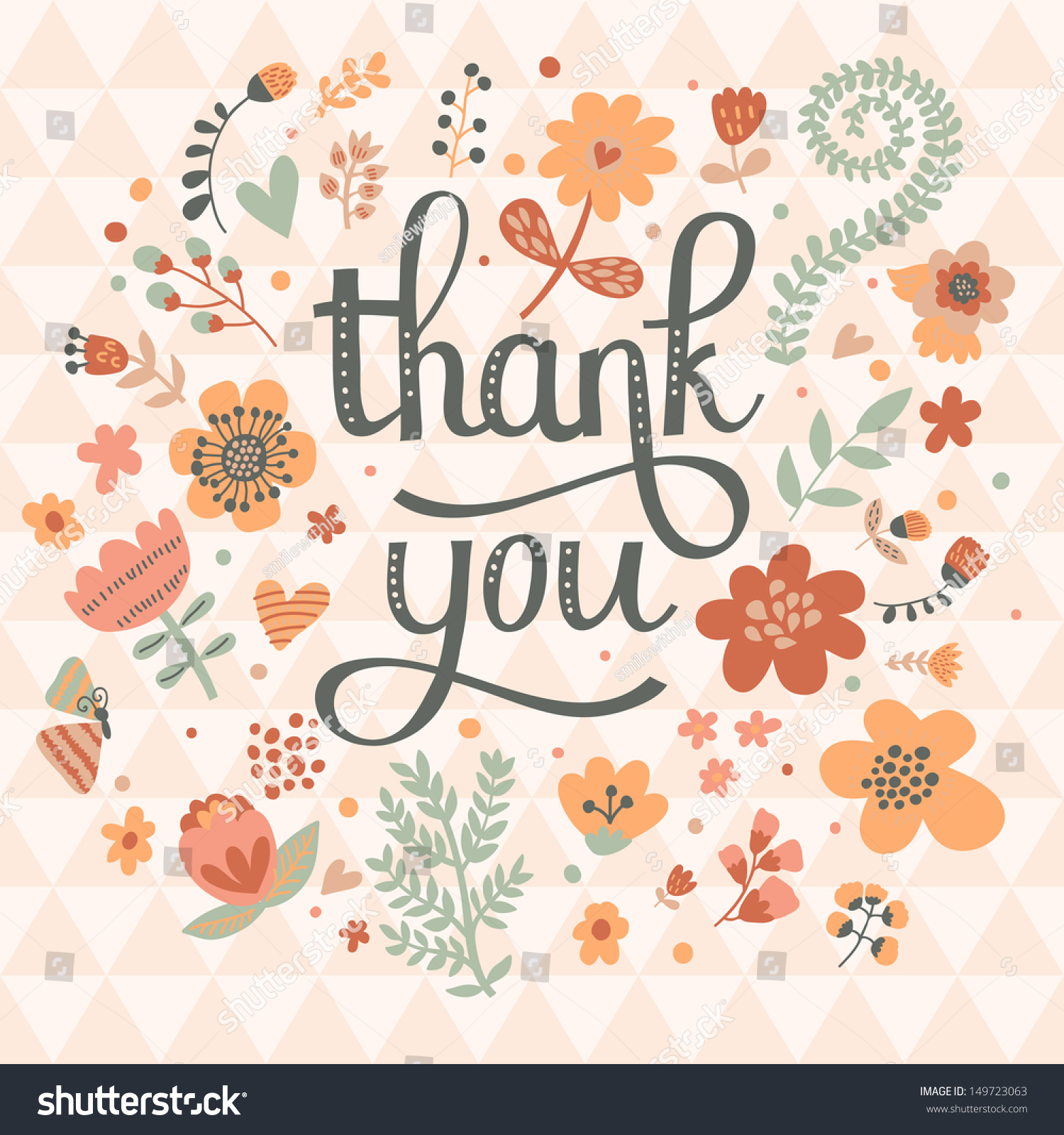 Thank You! Bright Cartoon Card Made Of Flowers And Butterflies. Floral ...
