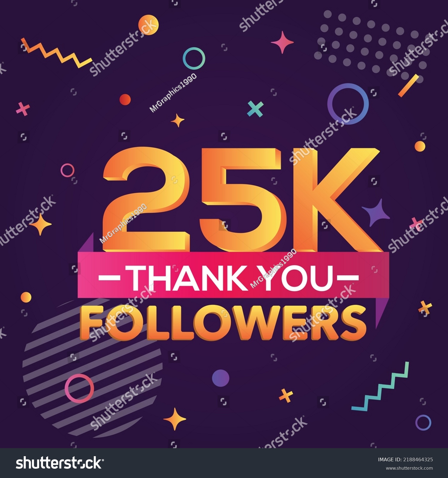 SVG of Thank you 25000 followers,thanks banner.First 25K follower congratulation card with geometric figures,lines,squares,circles for Social Networks.Web blogger celebrate a large number of subscribers. svg