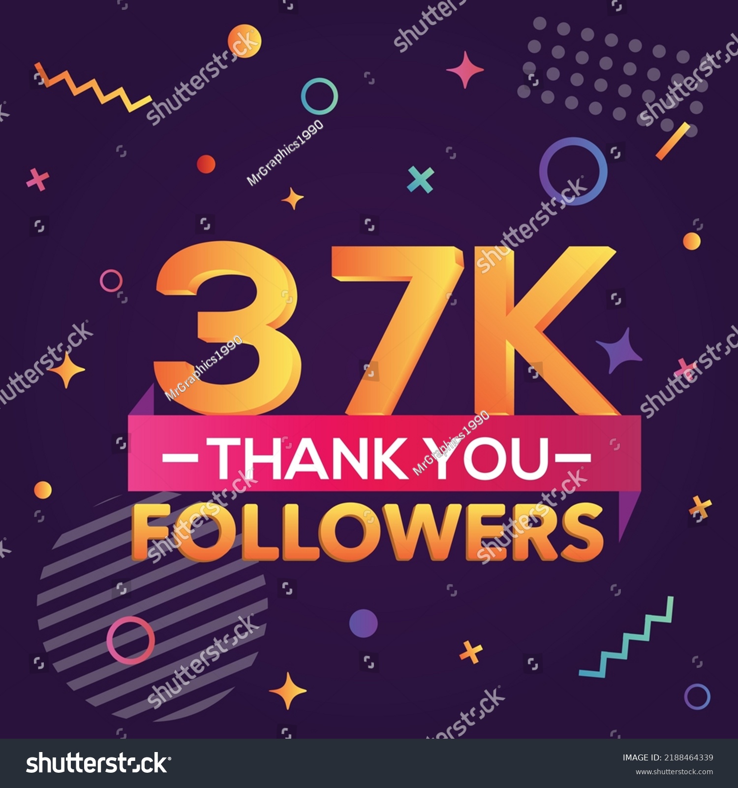 SVG of Thank you 37000 followers,thanks banner.First 37K follower congratulation card with geometric figures,lines,squares,circles for Social Networks.Web blogger celebrate a large number of subscribers. svg