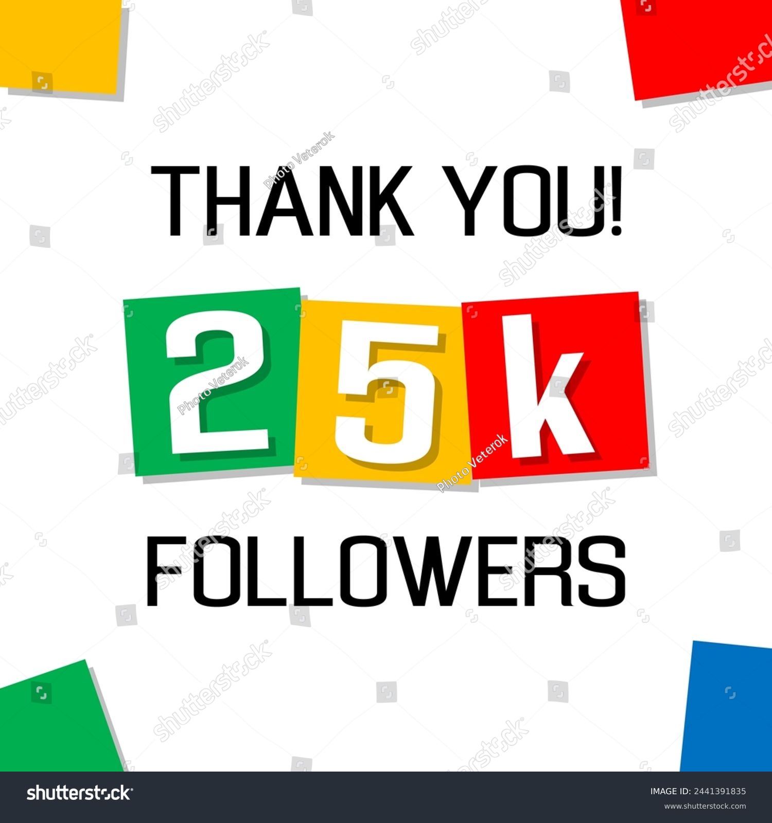 SVG of thank you 25k followers, social network 25000 subscribers greetings card, congratulation post or banner, cartoon style colorful squares svg