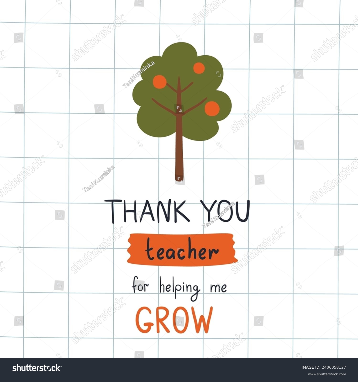 SVG of Thank you teacher for helping me grow phrase on the greeting card for Teachers day. Vector print with cute green apple tree , childish hand lettering text on checkered sheet. Funny kids poster. svg