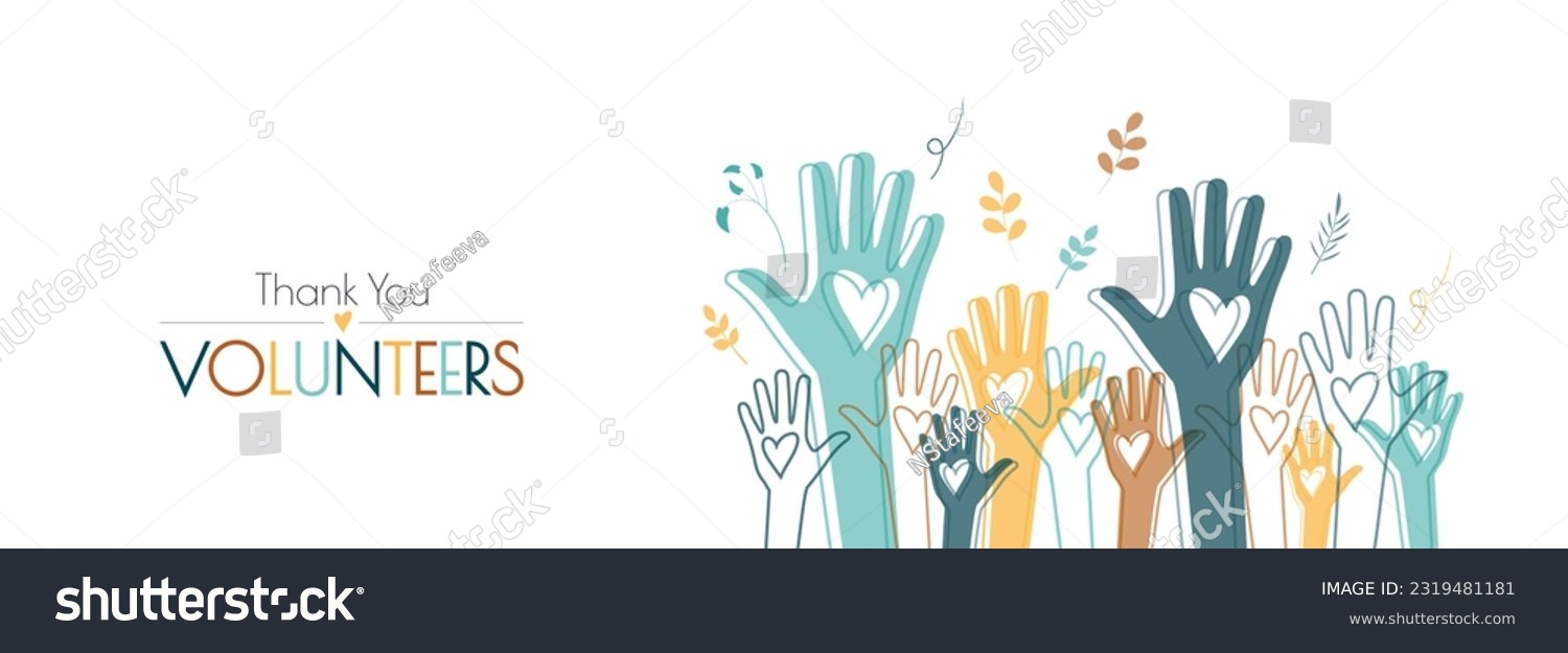 SVG of Thank You Volunteers banner. Raised hands. Volunteering, teamwork concert. svg