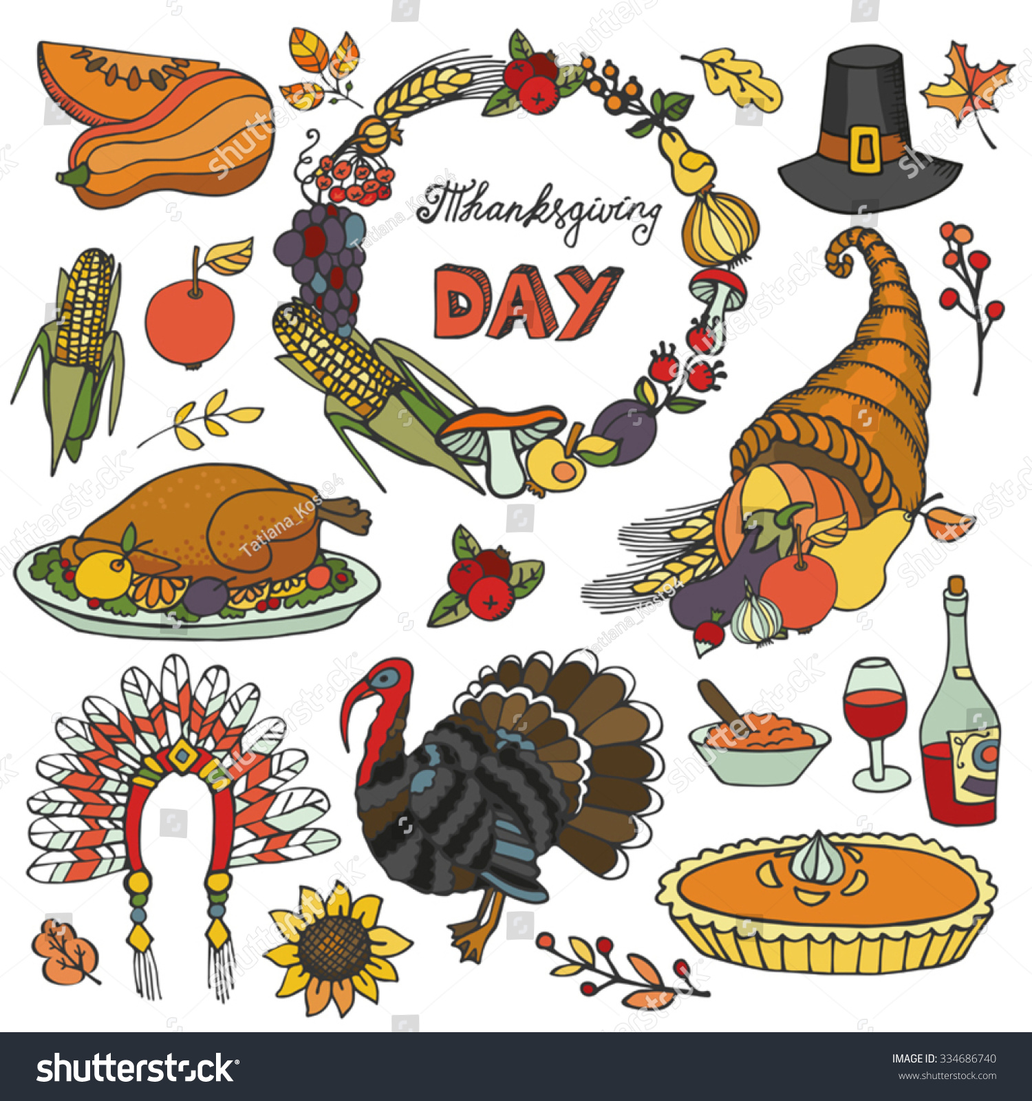 Thanksgiving Day Icons,Doodle Set.Autumn Harvest Decor Elements With ...