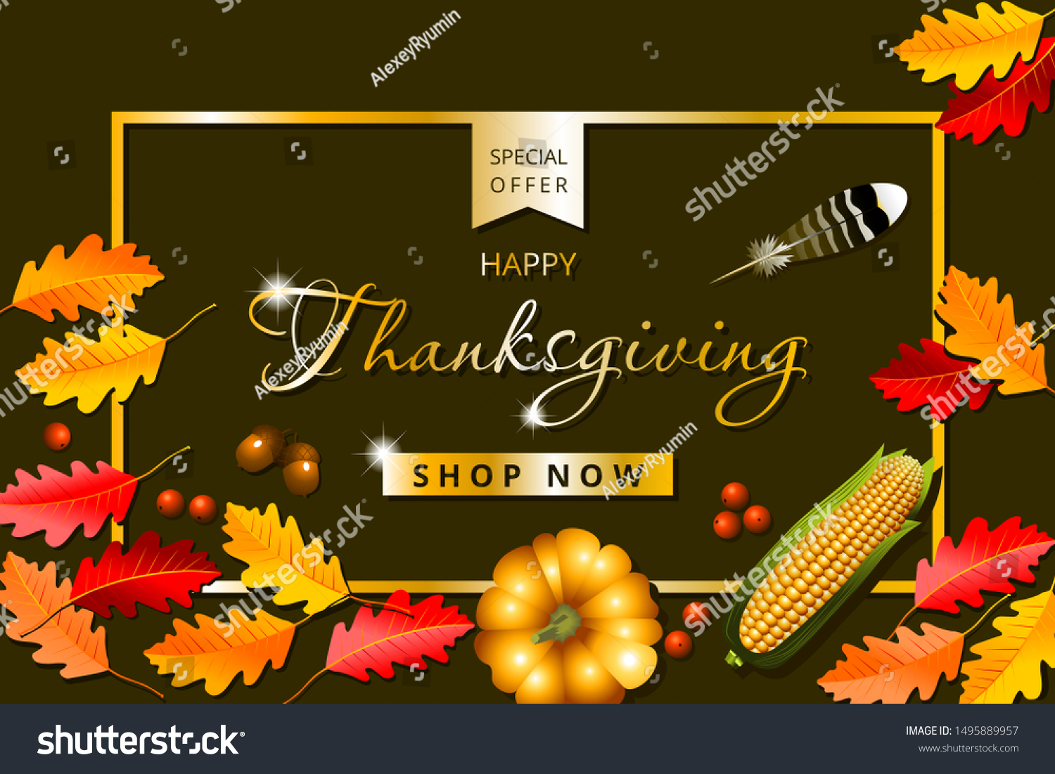 Thanksgiving day sale banner. Special offer template with brown background. Vector composition from oak leaves an acorns, berries, pumpkin, corn and turkey feather.