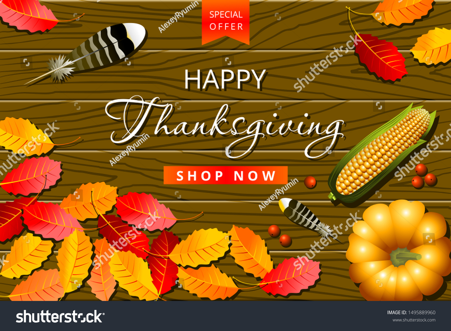 Thanksgiving day sale vector template. Special offer composition from autumn leaves, berries, pumpkin, corn and turkey feathers on brown wooden background.