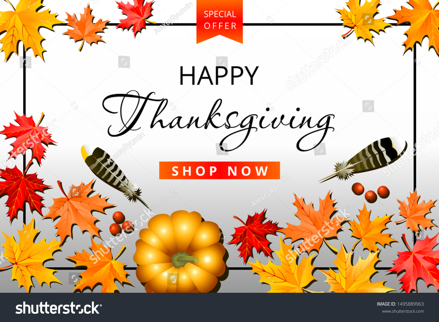 Thanksgiving day special offer vector template. Holiday composition from autumn maple leaves, turkey feathers, pumpkin and berries on white background.