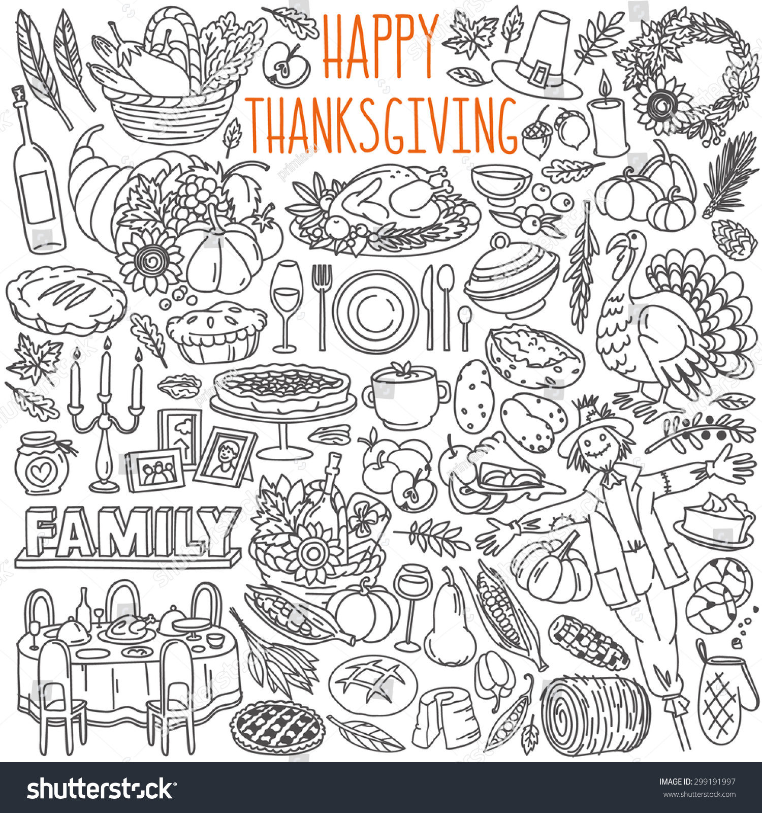 Thanksgiving Doodles Set Traditional Symbols Food Stock Vector ...